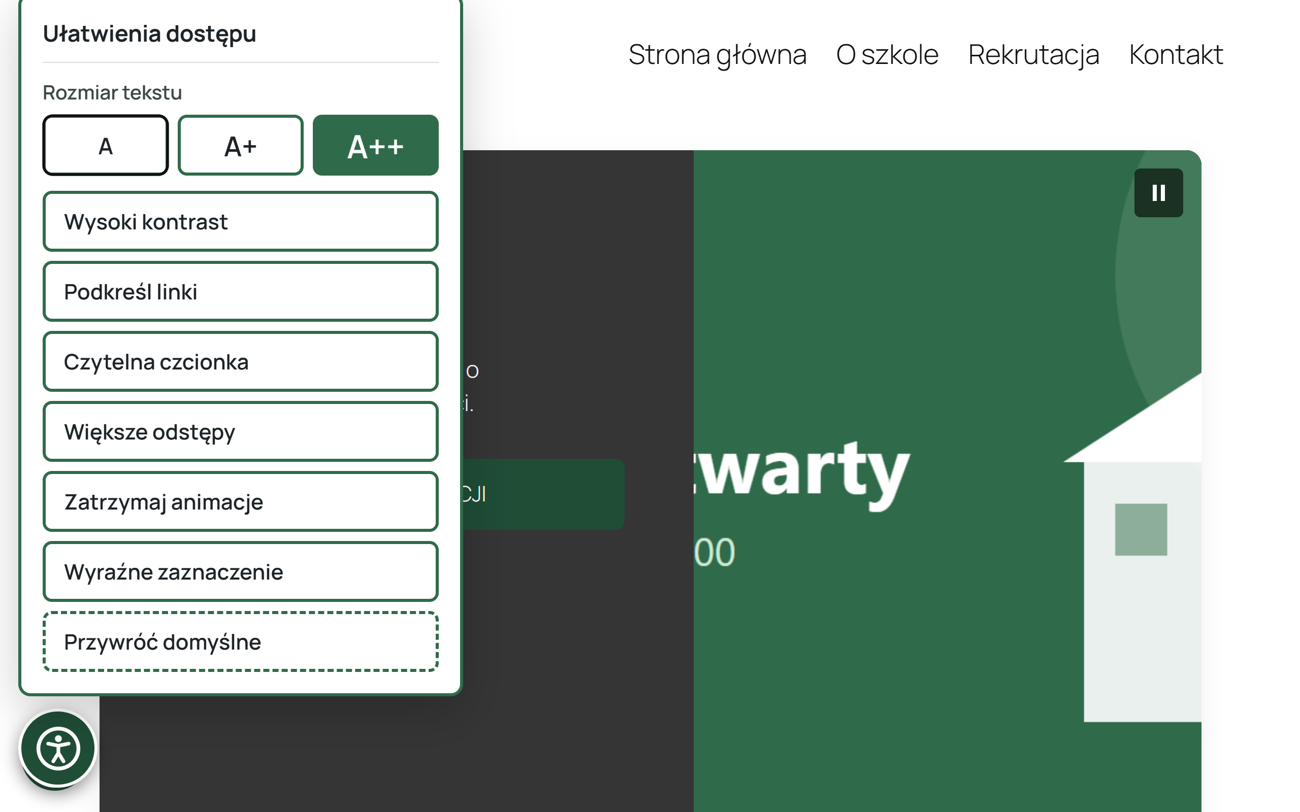 Strona szkoły z otwartym panelem ułatwień dostępu i największym rozmiarem tekstu.