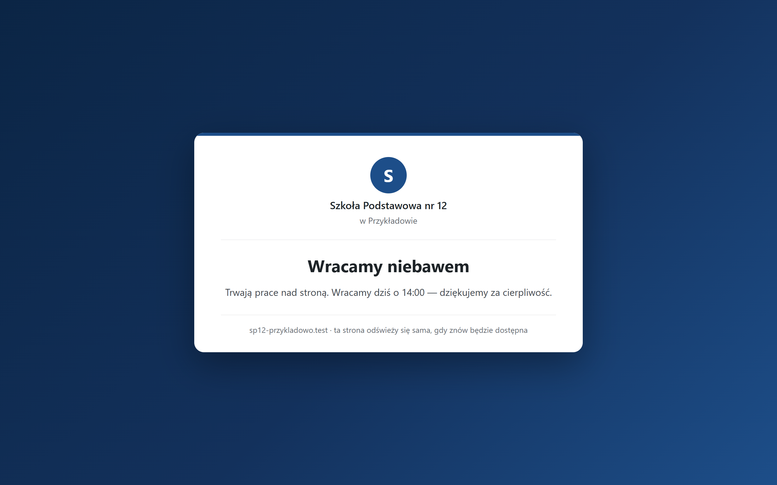 Komunikat przerwy technicznej „Wracamy niebawem” na stronie szkoły.
